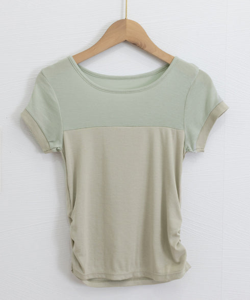 リブTシャツ 異素材切り替えカットソー レディース クルーネックt 大人可愛い 着回し 半袖カットソー おしゃれプルオーバー カジュアルtシャツ ベーシック通勤 617SY-007